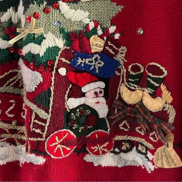 BEADED UGLY SWEATER CHRISTMAS SWEATER Embroidered Holiday RED GREEN - Picture 4 of 5